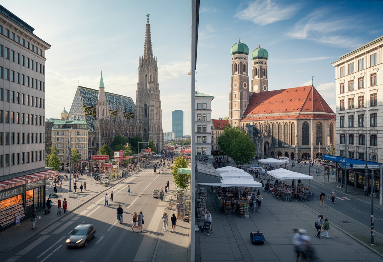Stadtansichten von Wien und München im Jahr 2026 mit Menschen in alltäglichen Situationen und städtischer Umgebung.