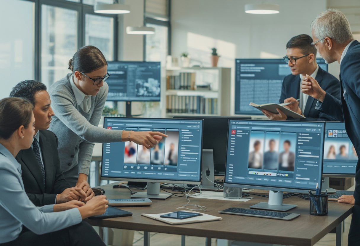 Mehrere Personen diskutieren in einem modernen Büro vor Computern über die Entfernung von Inhalten auf Social-Media-Plattformen.