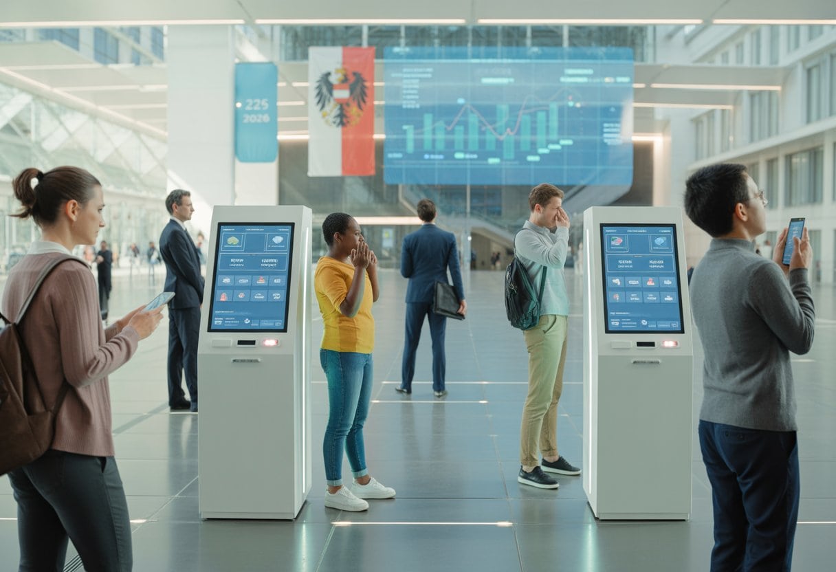 Menschen verschiedener Altersgruppen nutzen digitale Geräte in einem modernen Verwaltungsgebäude in Österreich.