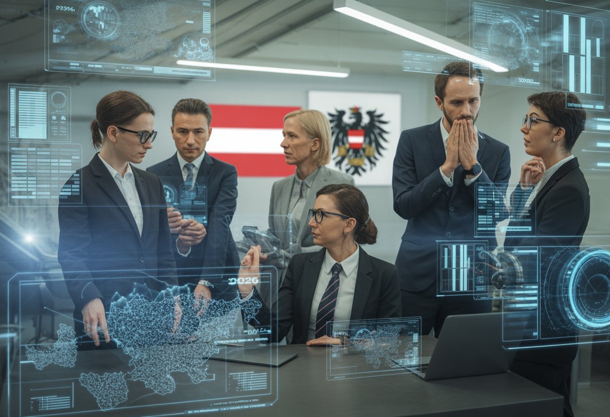 Mehrere Personen arbeiten gemeinsam an digitalen Bildschirmen in einem modernen Büro mit österreichischen Symbolen im Hintergrund.