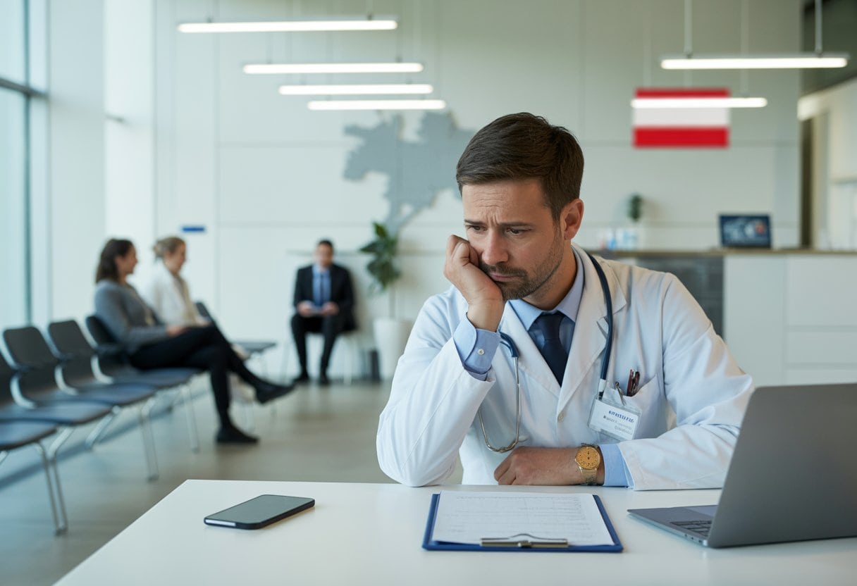 Ein nachdenklicher Arzt in einem modernen Wartezimmer mit wenigen Patienten und leeren Stühlen.