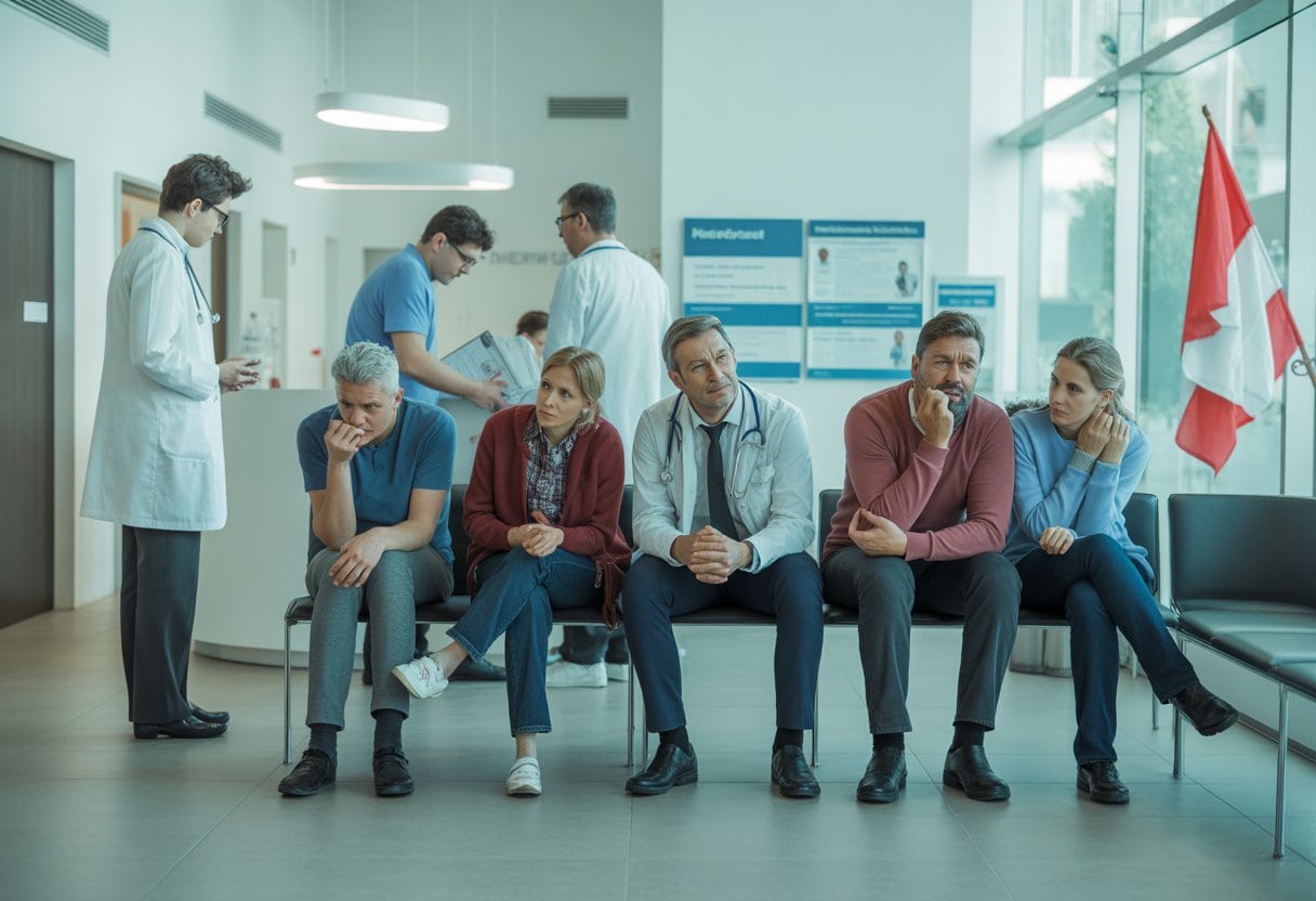 Wartende Patientinnen und Patienten in einer modernen Arztpraxis mit Ärzten und medizinischem Personal.
