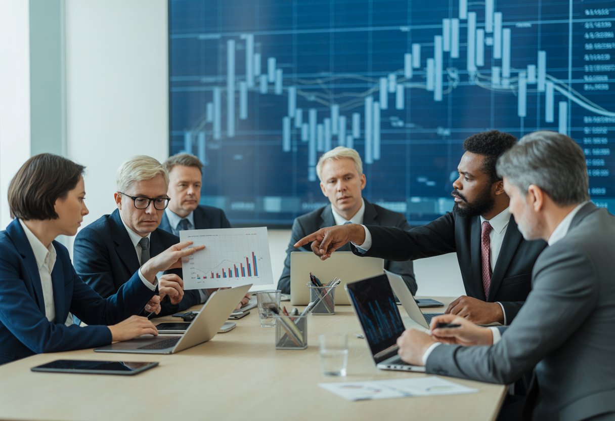 Eine Gruppe von Personen bei einer Besprechung in einem modernen Büro, die über Budgetpläne und finanzielle Strategien diskutieren.