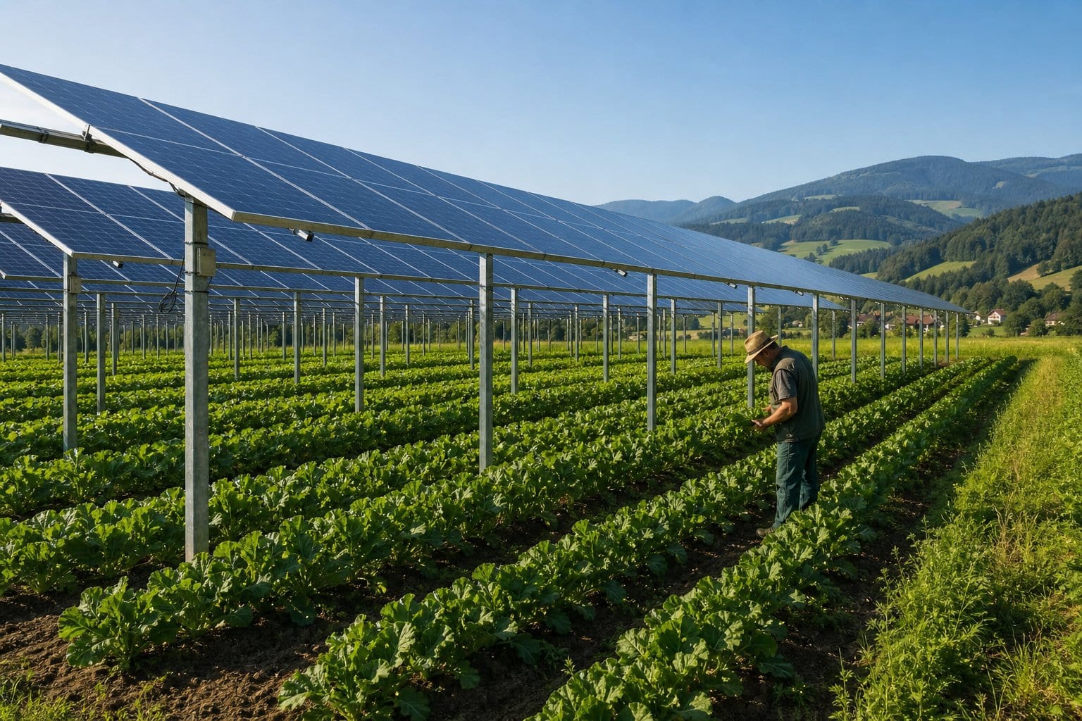 Ein landwirtschaftliches Feld in Österreich mit Pflanzen unter Solarpaneelen und einem Landwirt, der die Ernte inspiziert.