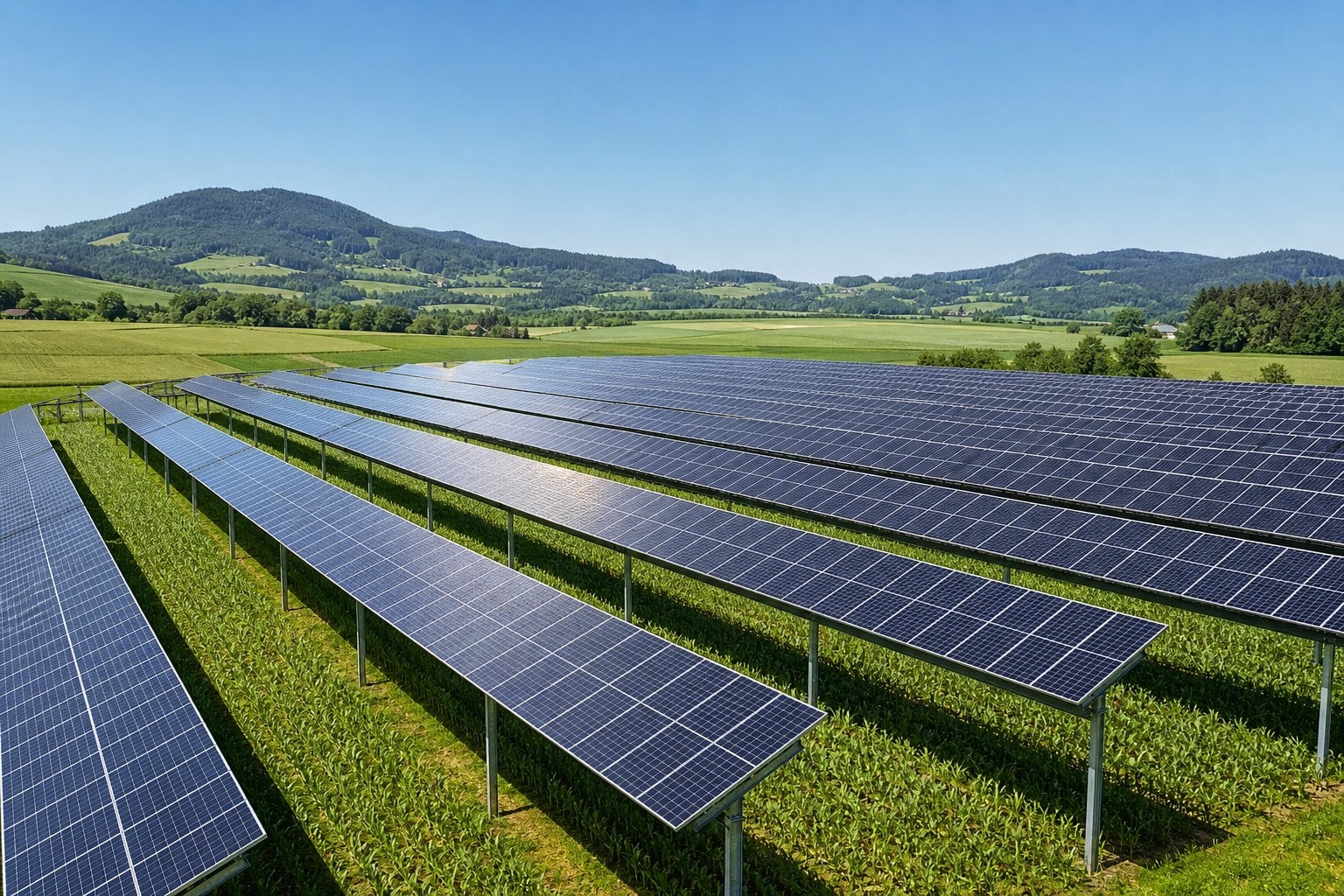 Grüne landwirtschaftliche Felder in Österreich mit integrierten Solarpaneelen unter klarem blauem Himmel.