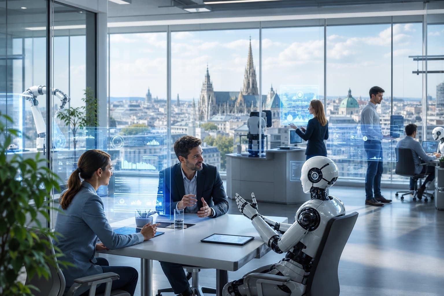 Moderne Büroarbeitsumgebung in Österreich mit Menschen und Robotern, die zusammenarbeiten, um tägliche Geschäftsaufgaben zu erledigen.