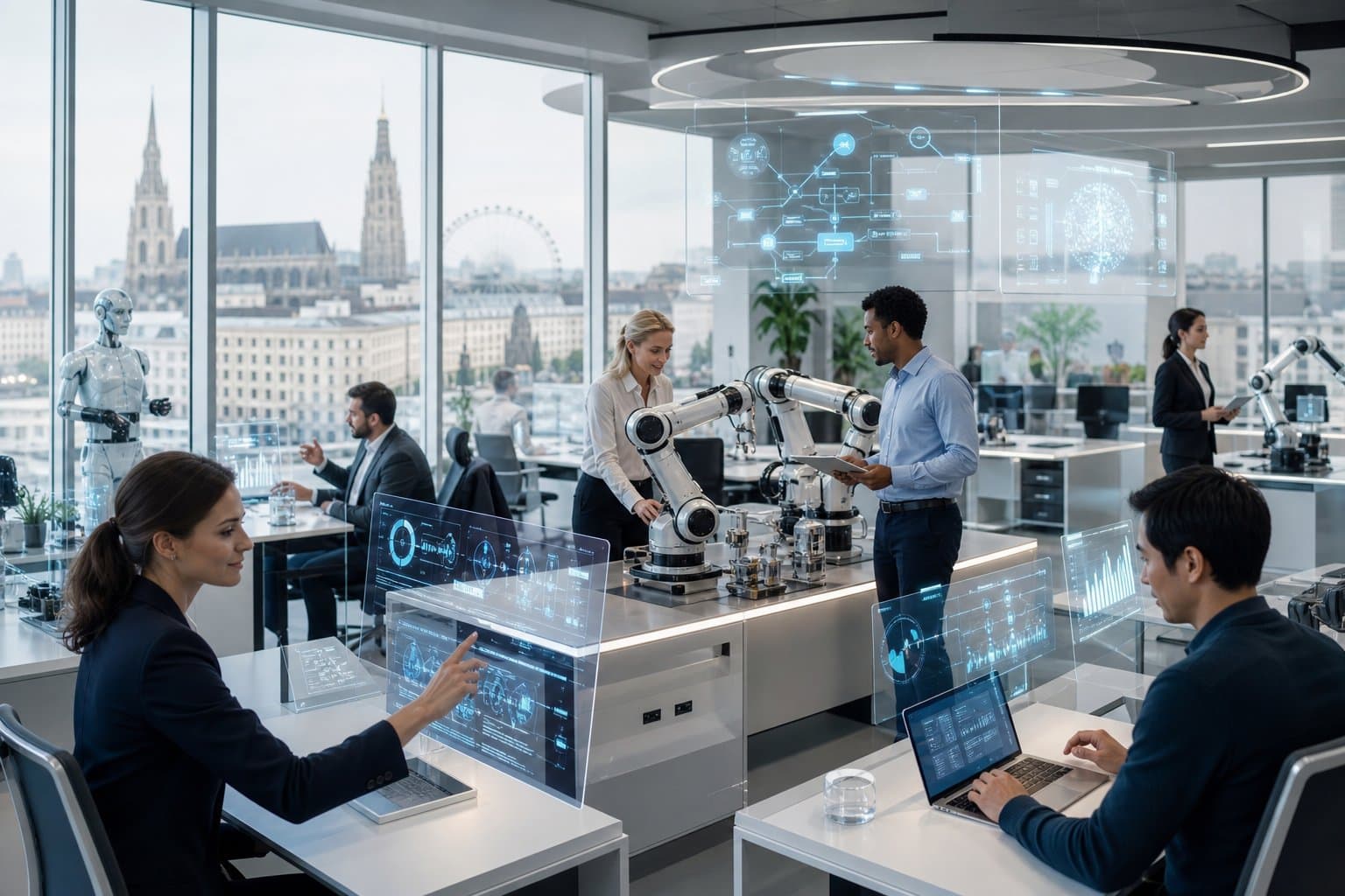 Moderne Büroumgebung mit Menschen, die mit Robotern und digitalen Bildschirmen zusammenarbeiten.
