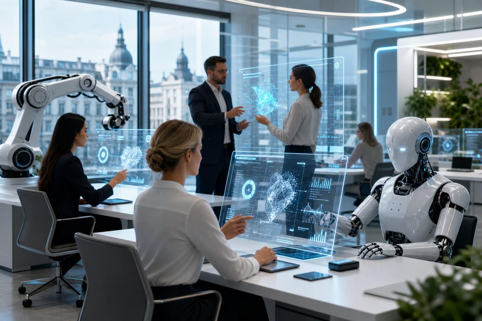 Moderne Büroumgebung mit Menschen und Robotern, die gemeinsam arbeiten.