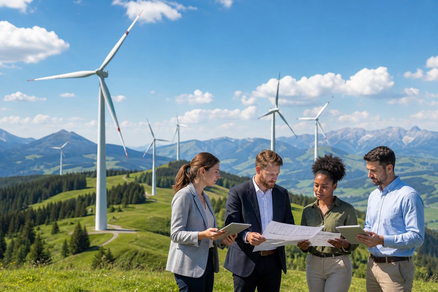 Windräder auf grünen Hügeln mit Bergen im Hintergrund und eine Gruppe von Menschen, die über erneuerbare Energien diskutieren.