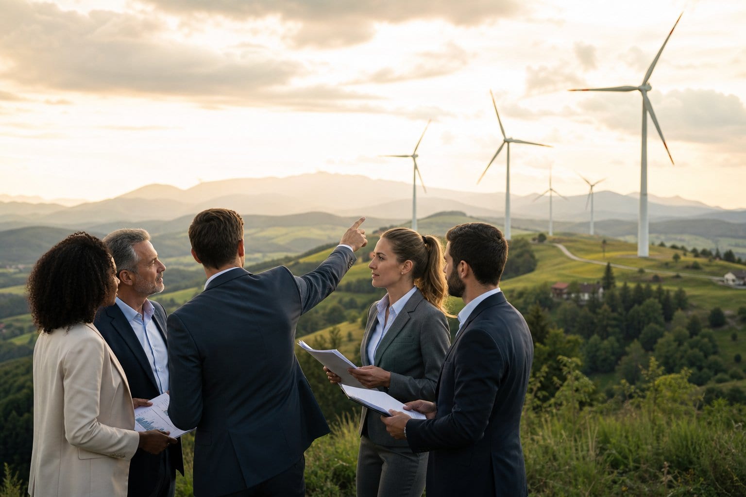 Menschen in Anzügen diskutieren vor Windrädern in einer österreichischen Landschaft.
