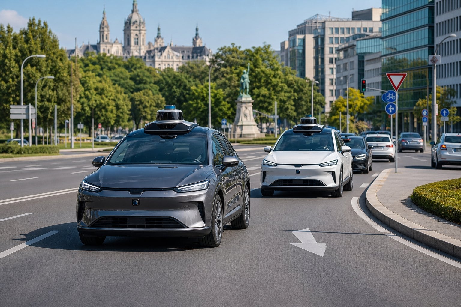 Moderne autonome Testfahrzeuge fahren auf einer städtischen Straße in Österreich im Jahr 2026.