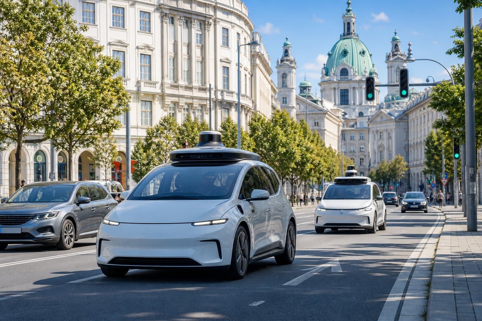 Moderne Straße in Österreich mit autonomen Testfahrzeugen, die neben anderem Verkehr fahren.