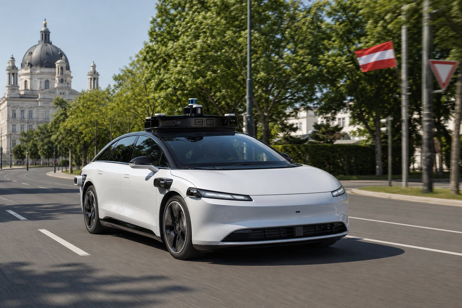 Ein modernes autonom fahrendes Auto fährt auf einer städtischen Straße in Österreich, umgeben von Gebäuden und Bäumen.