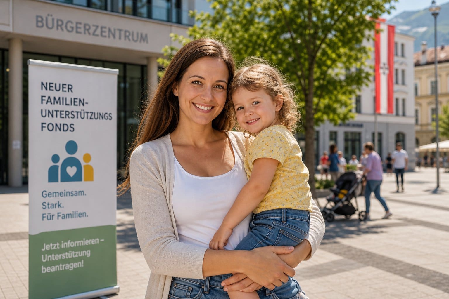 Eine alleinerziehende Mutter hält ihr Kind liebevoll im Arm vor einem modernen städtischen Hintergrund in Österreich im Sommer.