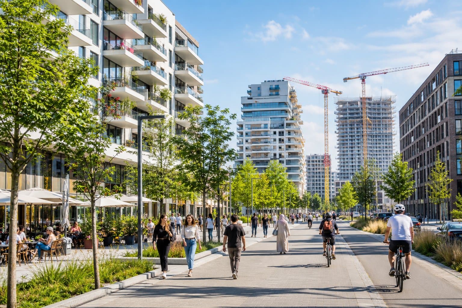 Blick auf ein modernes Wohnviertel mit Neubauten, Menschen auf der Straße und Baustellen im Hintergrund in Brigittenau, Wien.