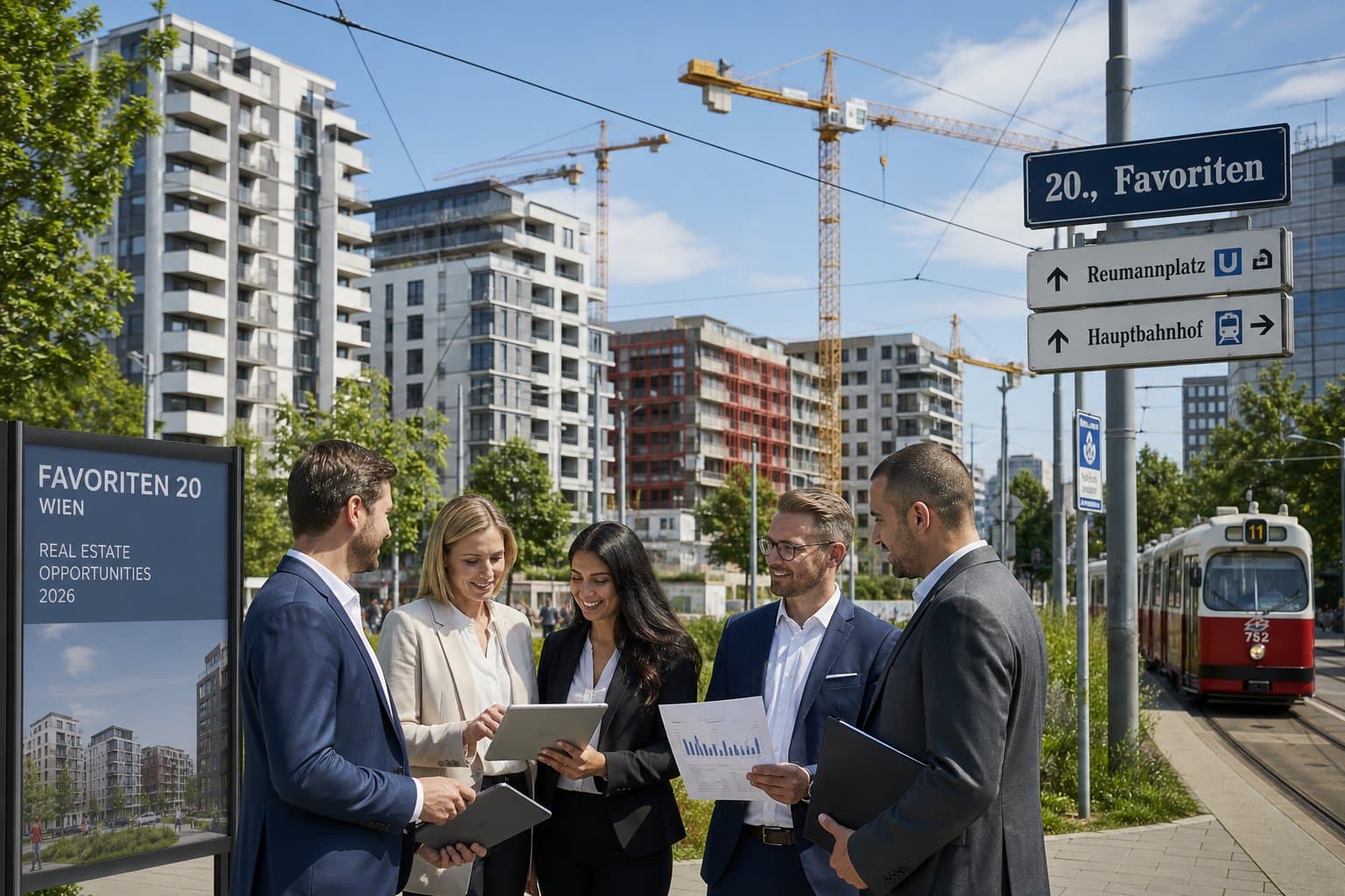 Menschen diskutieren vor modernen Wohngebäuden und Baustellen in Wiens 20. Bezirk unter klarem Himmel.