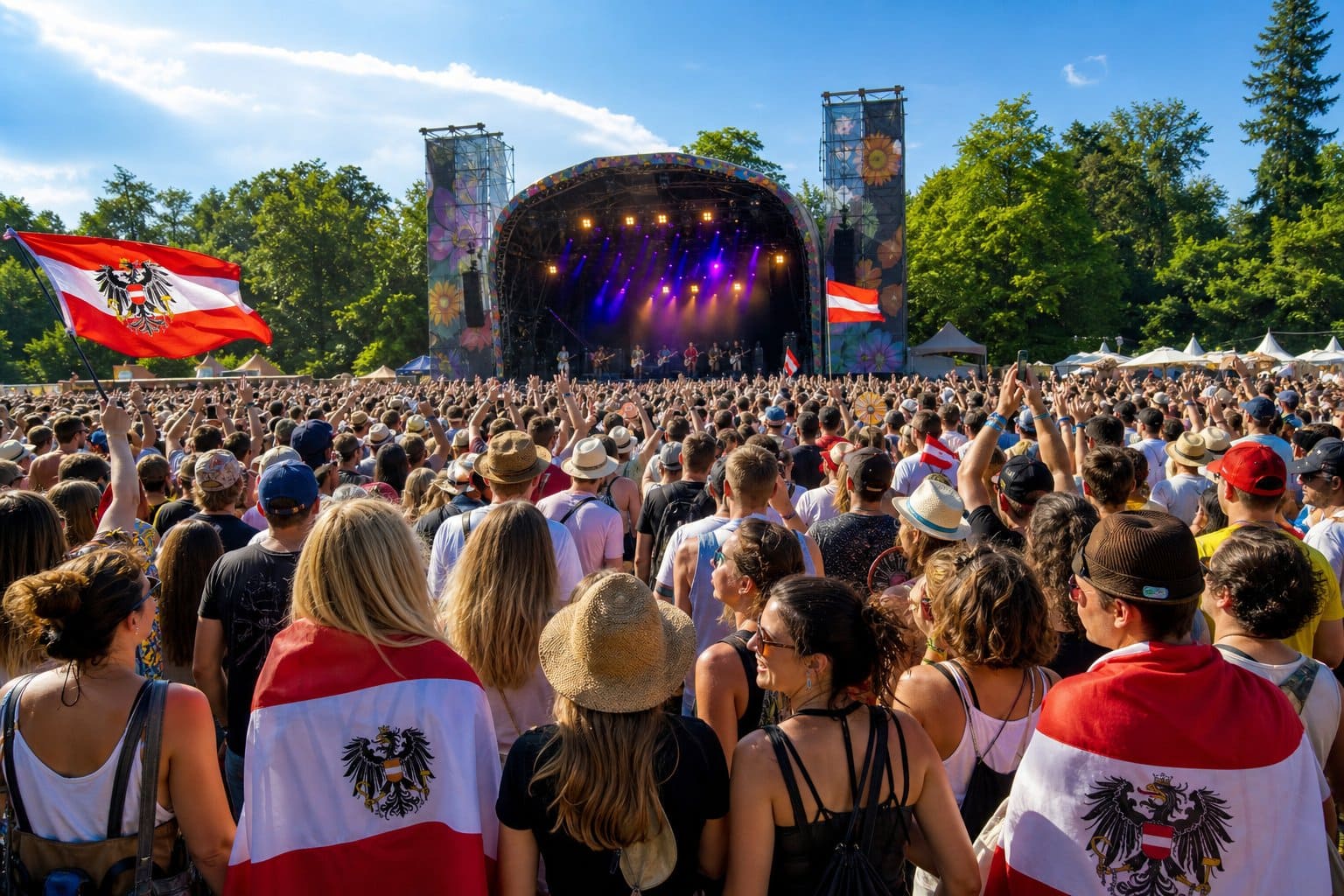 Eine große Menschenmenge bei einem Open-Air-Festival, die Live-Musik auf einer Bühne im Freien genießt.