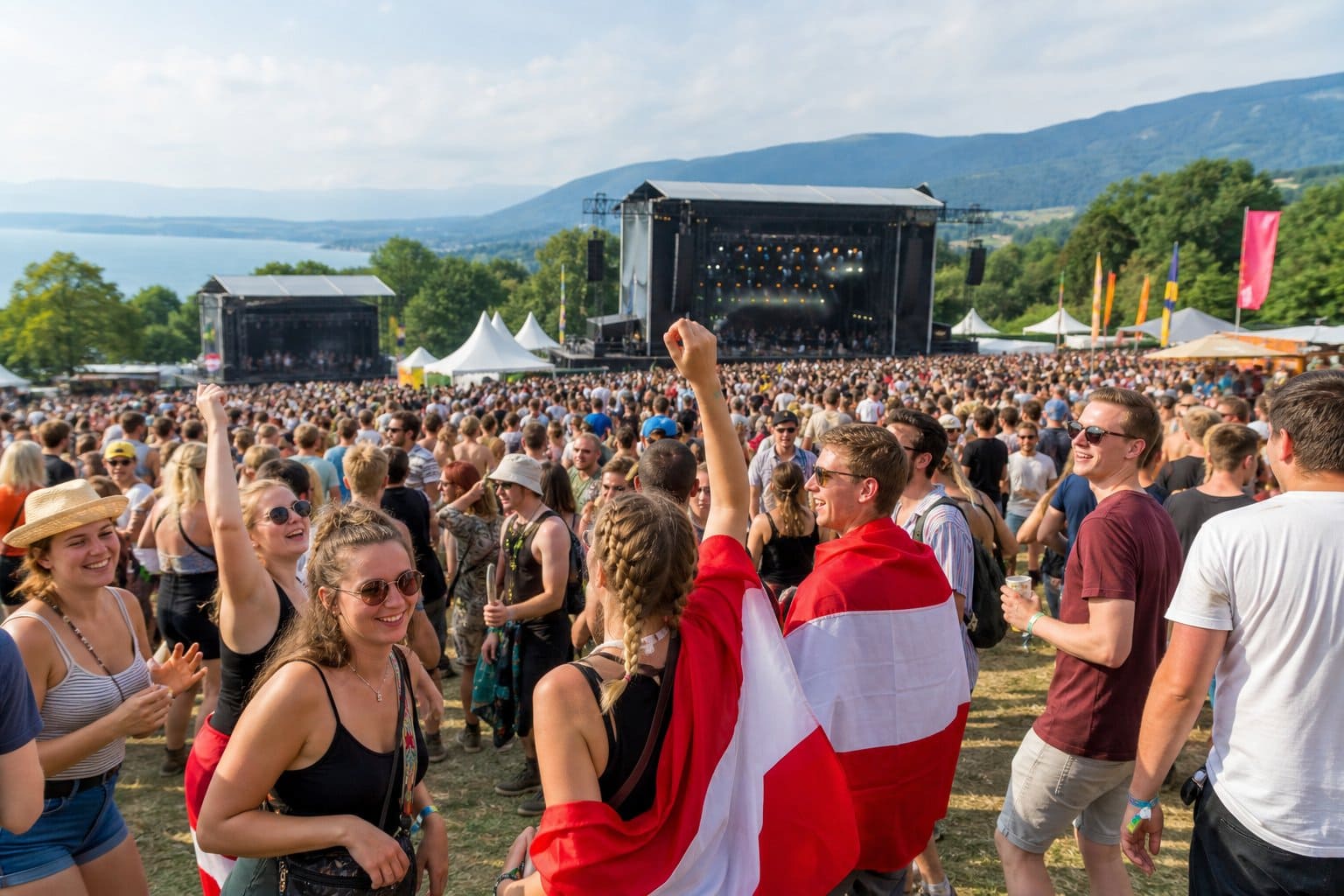 Menschenmenge bei einem lebhaften Open-Air-Musikfestival im Freien mit Bühnen und grüner Landschaft im Hintergrund.