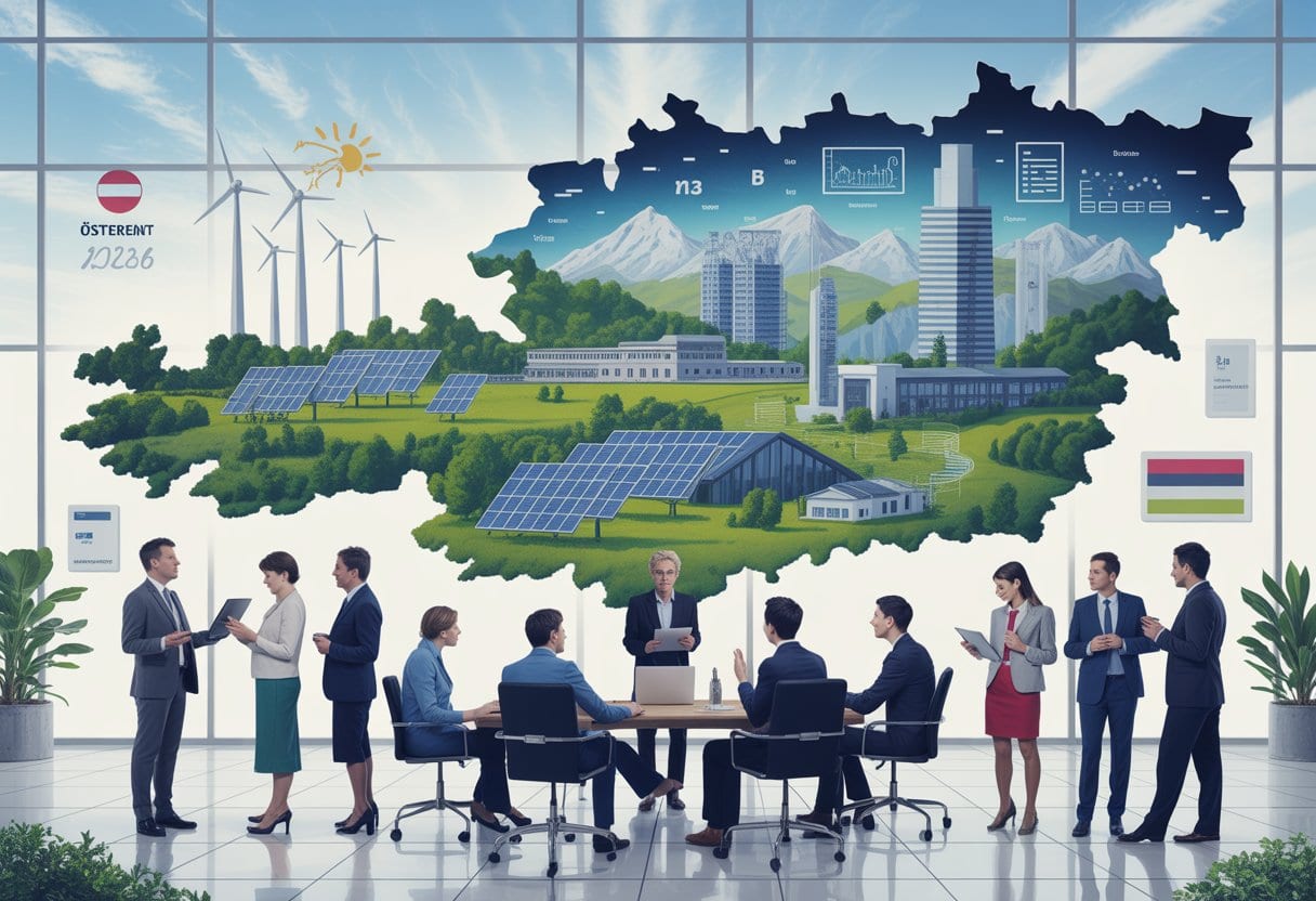 Vielfältiges österreichisches Unternehmerteam bespricht Zukunftschancen in einem modernen Büro mit Blick auf eine innovative Industrielandschaft.