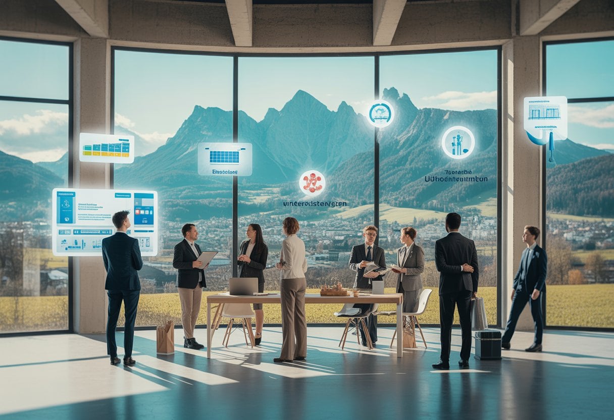 Ein österreichisches Fachkräfteteam arbeitet in einem modernen Innovationszentrum mit nachhaltiger Technologie und Alpenblick.