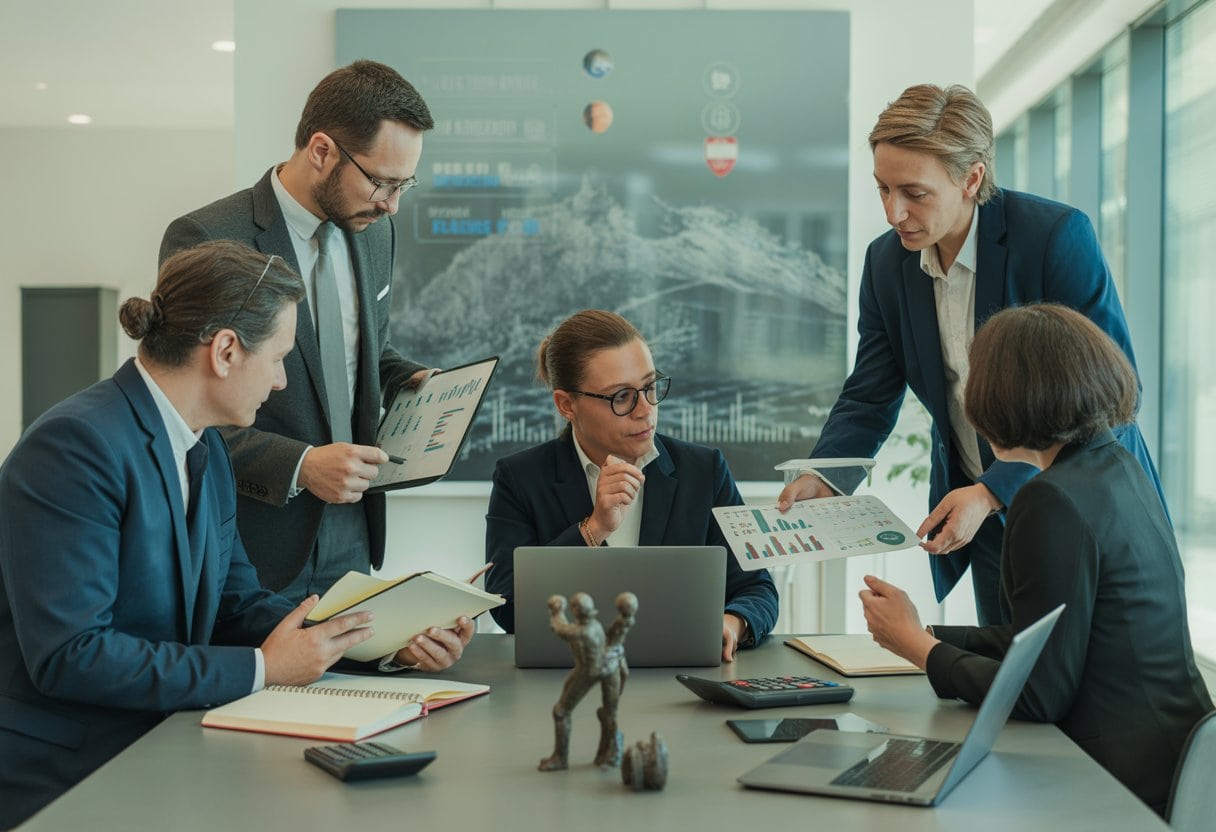 Ein österreichisches Managementteam berät in einem modernen Büro über Kosten, Zukunftssicherheit und nachhaltige Unternehmensentscheidungen.