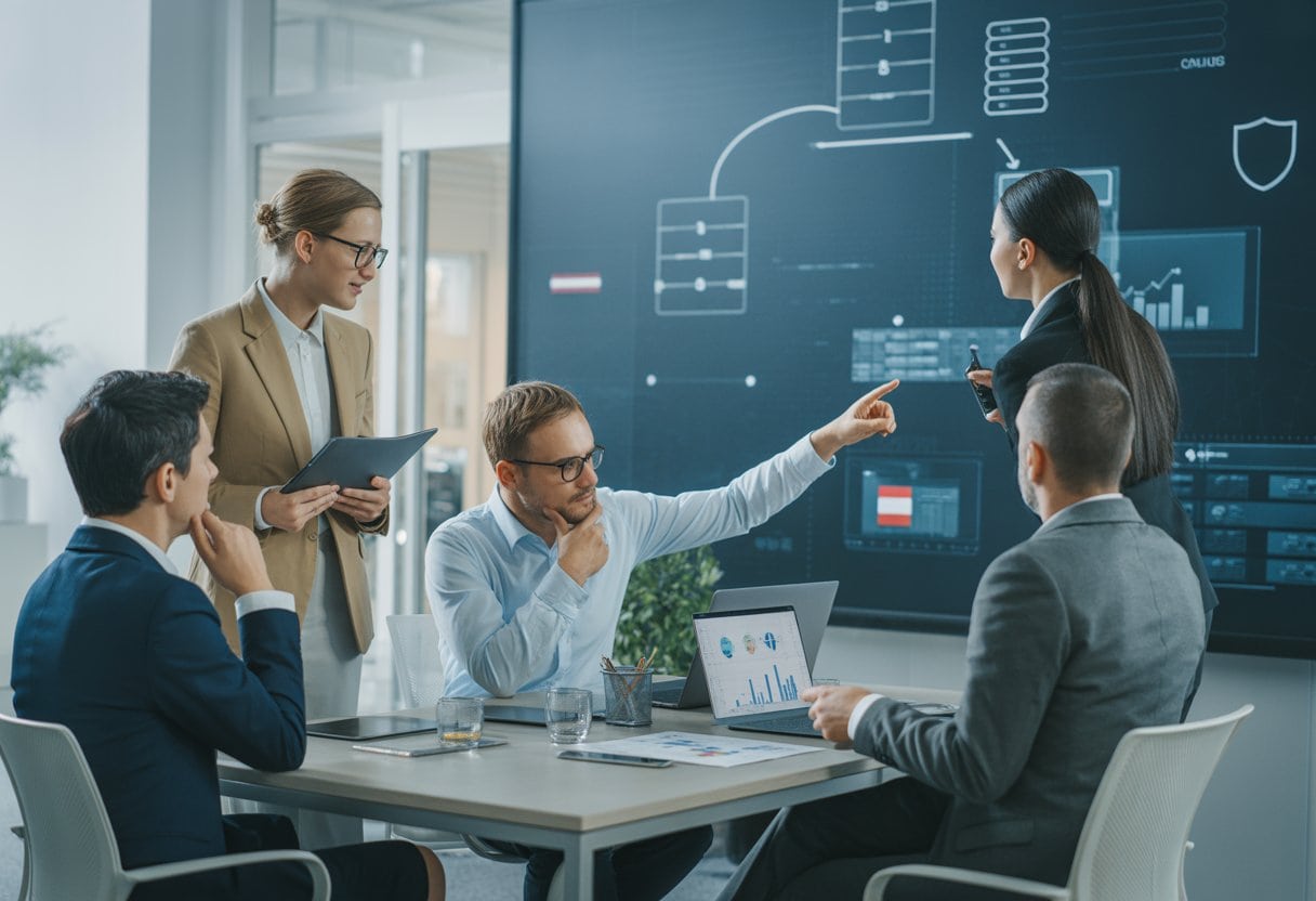 Ein österreichisches Mittelstandsteam analysiert in einem modernen Büro digitale Strategien, Daten, Sicherheit und Wachstum.