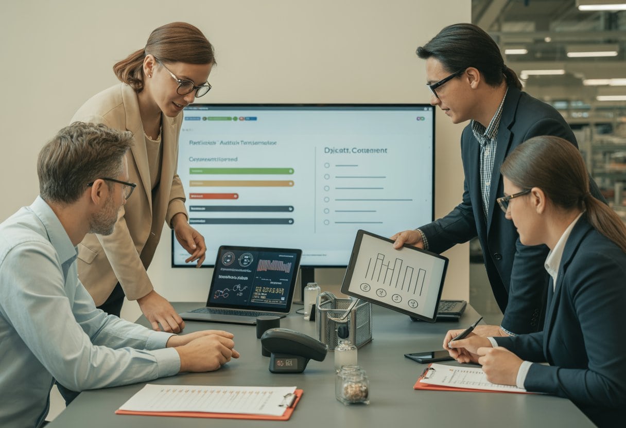 Ein Team eines österreichischen Mittelbetriebs bewertet gemeinsam den digitalen Reifegrad anhand von Laptop, Tablet und Unterlagen.